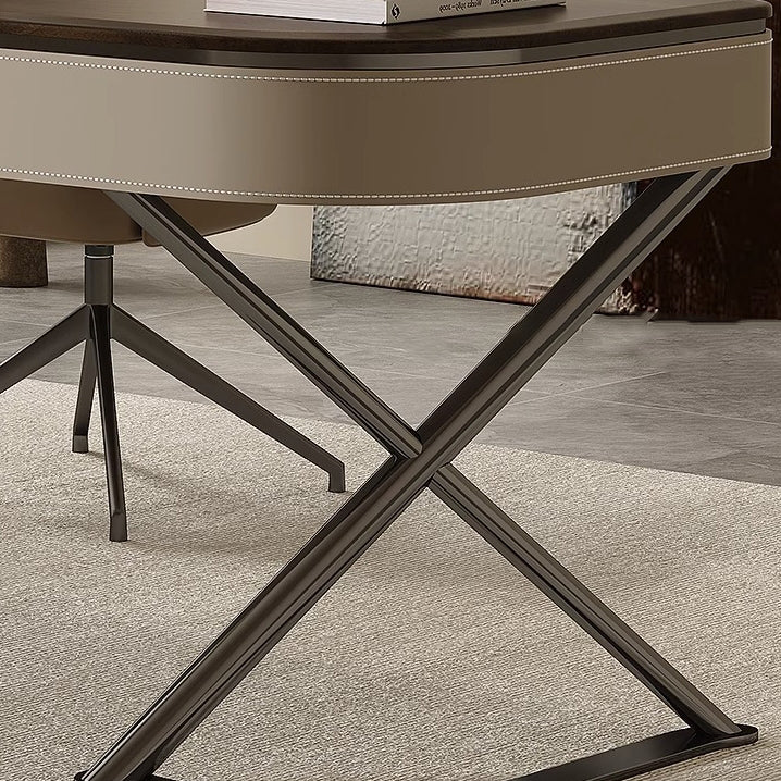 Modern Minimalist Saddle Leather Wood Stainless Steel Oval X-Shape Leg Desks 2-Drawer For Home Office DFM-F