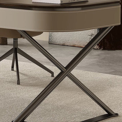 Modern Minimalist Saddle Leather Wood Stainless Steel Oval X-Shape Leg Desks 2-Drawer For Home Office