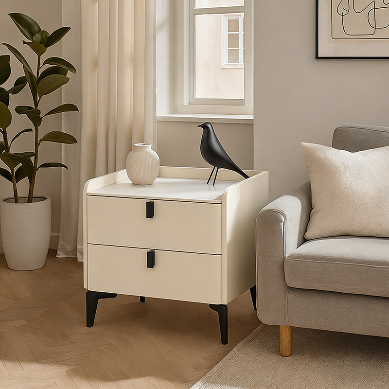 Contemporary Nordic Dual-Finish Nightstand - Square Sintered Stone Top Bedside Table For Bedroom Lumendat