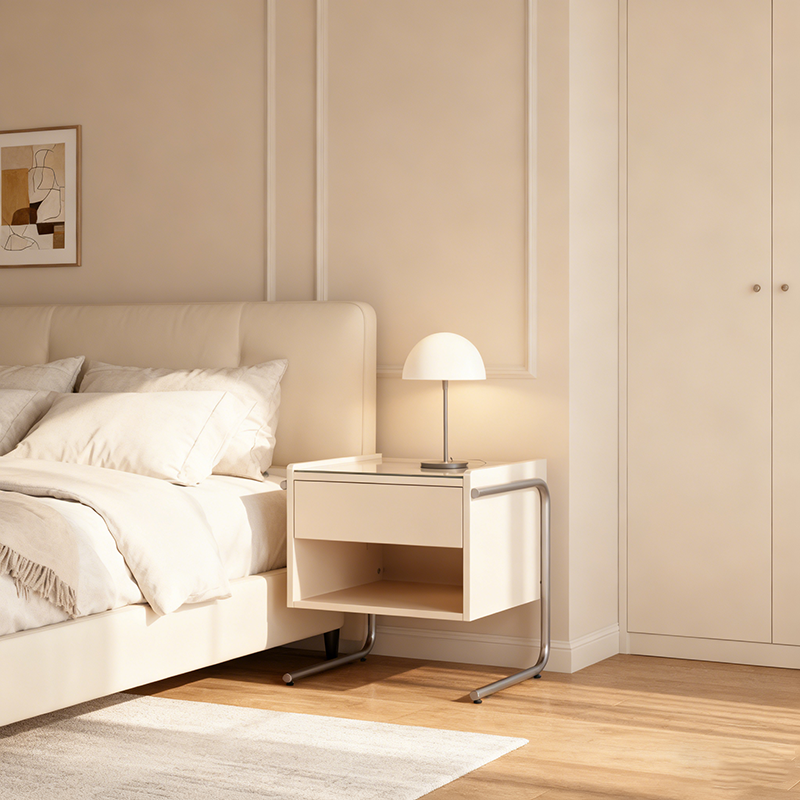 Contemporary Industrial Stainless Steel Bedside Table - 1 Drawer Open Shelf Nightstand For Bedroom Lumendat