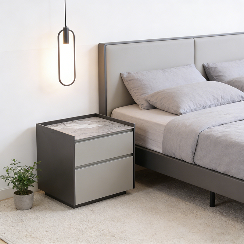 Contemporary Scandinavian Sintered Stone Bedside Table - Silent Soft-Close 2 Drawers Nightstand For Bedroom Lumendat