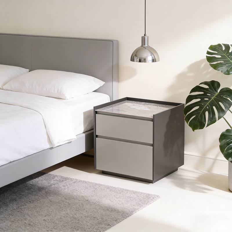 Contemporary Scandinavian Sintered Stone Bedside Table - Silent Soft-Close 2 Drawers Nightstand For Bedroom Lumendat