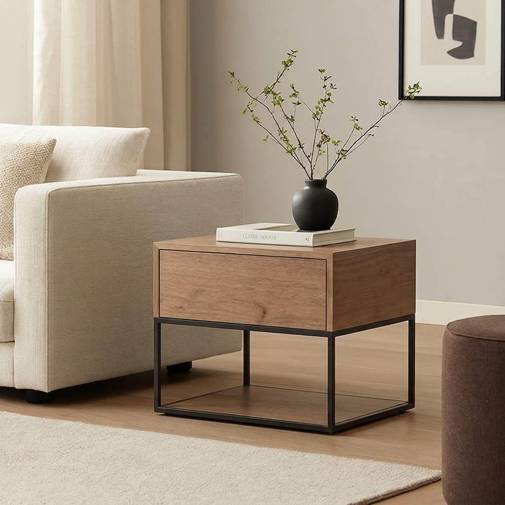 Traditional Chinese Open Shelf & Drawer Storage Nightstand - Square Bedside Table For Bedroom Lumendat