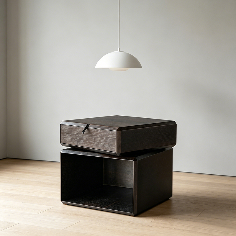 Traditional Chinese Clean Geometry Veneered Plywood Bedside Table - 1 Drawer Nightstand For Bedroom Lumendat