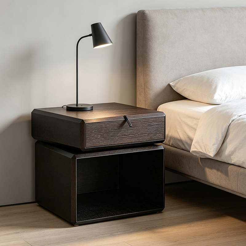 Traditional Chinese Clean Geometry Veneered Plywood Bedside Table - 1 Drawer Nightstand For Bedroom Lumendat