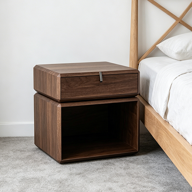 Traditional Chinese Clean Geometry Veneered Plywood Bedside Table - 1 Drawer Nightstand For Bedroom Lumendat