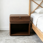 Traditional Chinese Clean Geometry Veneered Plywood Bedside Table - 1 Drawer Nightstand For Bedroom Lumendat