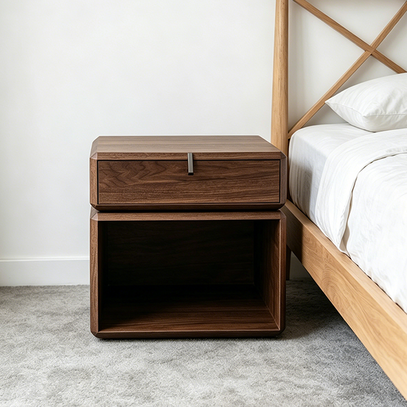 Traditional Chinese Clean Geometry Veneered Plywood Bedside Table - 1 Drawer Nightstand For Bedroom Lumendat
