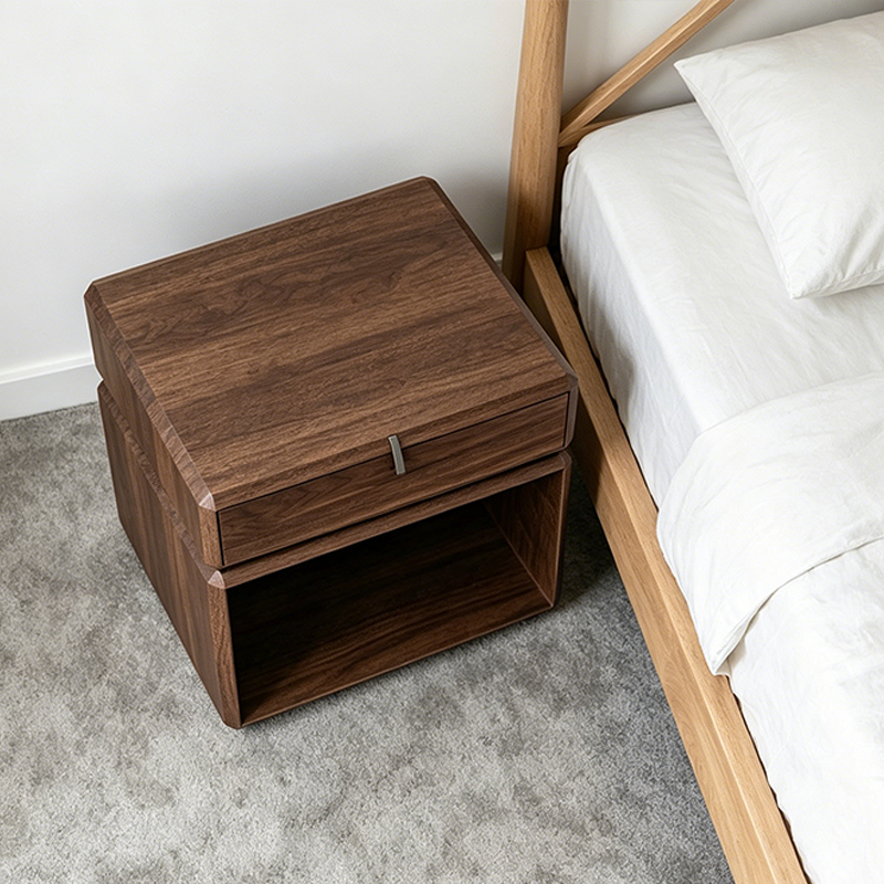 Traditional Chinese Clean Geometry Veneered Plywood Bedside Table - 1 Drawer Nightstand For Bedroom Lumendat