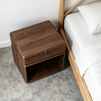 Traditional Chinese Clean Geometry Veneered Plywood Bedside Table - 1 Drawer Nightstand For Bedroom Lumendat