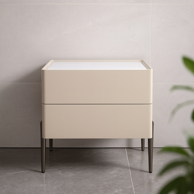 Contemporary Scandinavian Square Cream White 2-Drawer Storage Nightstand - Stone Slab Top Bedside Table For Bedroom Lumendat