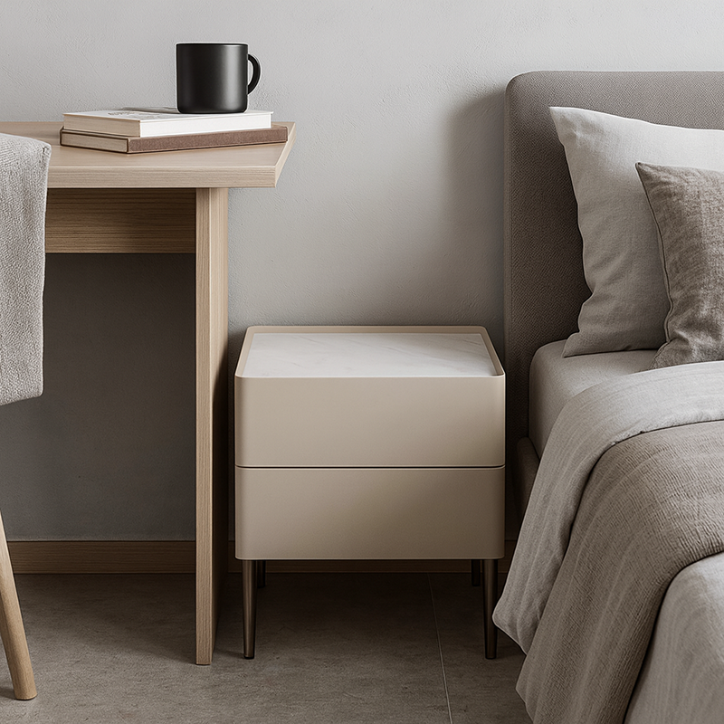 Contemporary Scandinavian Square Cream White 2-Drawer Storage Nightstand - Stone Slab Top Bedside Table For Bedroom Lumendat
