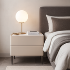 Contemporary Scandinavian Square Cream White 2-Drawer Storage Nightstand - Stone Slab Top Bedside Table For Bedroom Lumendat