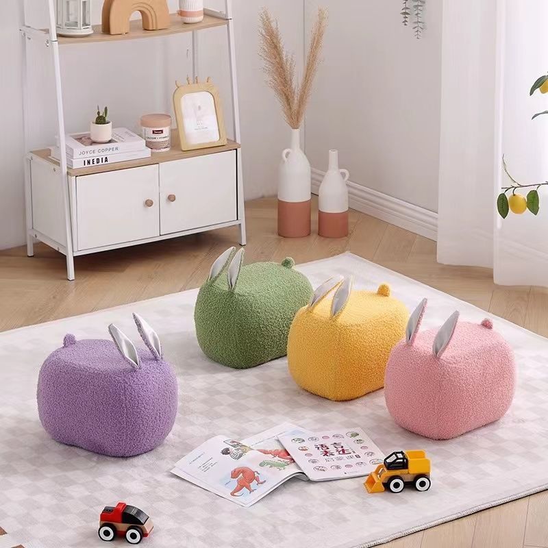 Lumendat Contemporary Creative Kids Rabbit-Shaped Teddy Fabric Solid Wood Sponge Low Stool Backless Armless For Living Room Lumendat