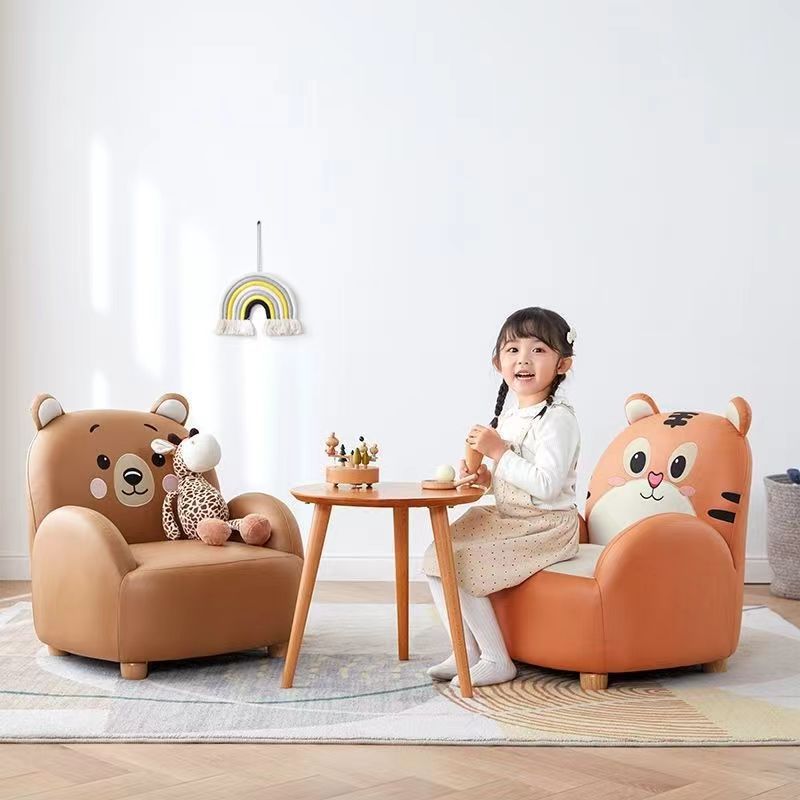 Lumendat Modern Art Deco Kids Faux Leather Solid Wood Tiger & Bear Shape Chair With Backrest Armrests For Bedroom & Living Room Lumendat