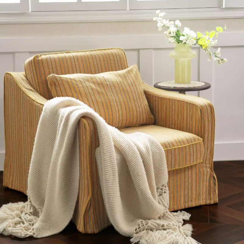 Golden Stripe Pattern Cotton Linen Birch Wood Accent Chair - Minimalist Retro Lounge Chair for Living Room Lumendat