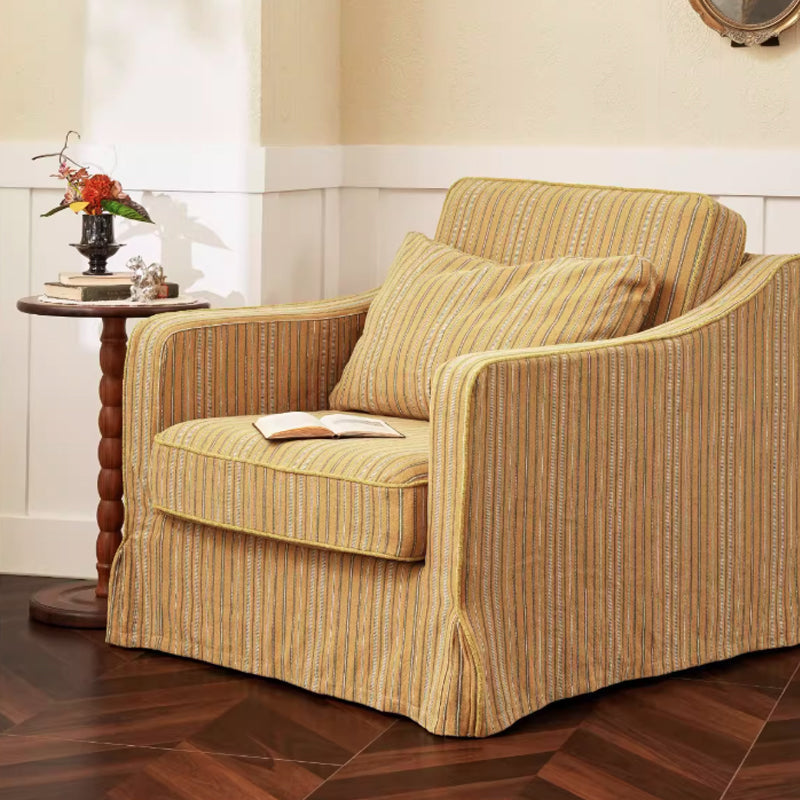Golden Stripe Pattern Cotton Linen Birch Wood Accent Chair - Minimalist Retro Lounge Chair for Living Room Lumendat