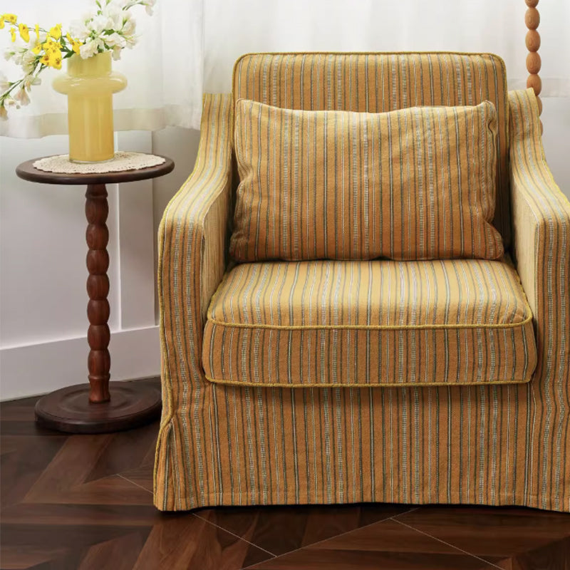 Golden Stripe Pattern Cotton Linen Birch Wood Accent Chair - Minimalist Retro Lounge Chair for Living Room Lumendat