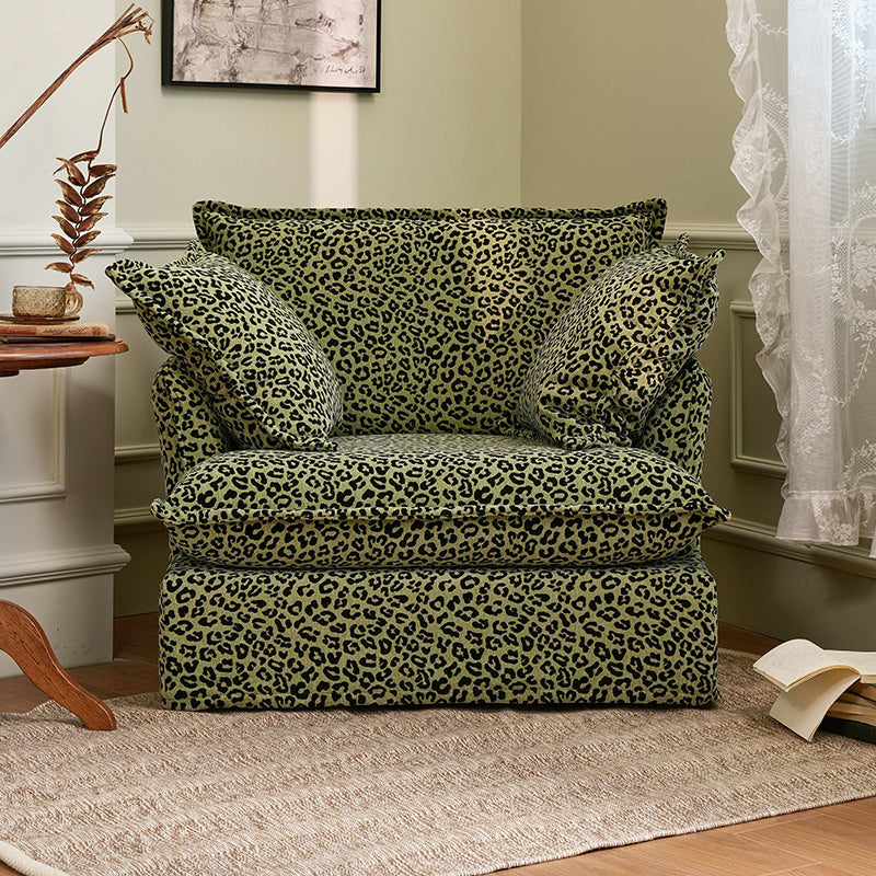 Green Leopard Print Swivel Birch Wood Accent Chair - Vintage Oriental Sofa for Living Room Lumendat