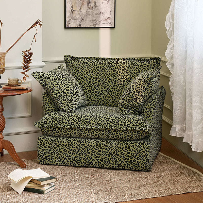 Green Leopard Print Swivel Birch Wood Accent Chair - Vintage Oriental Sofa for Living Room Lumendat