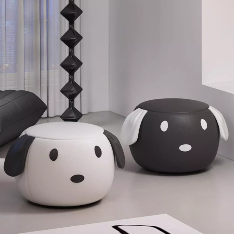 Lumendat Contemporary Creative Oil Wax Leather Solid Wood Stainless Steel Dog-Shaped Round Movable Low Stool For Living Room Lumendat
