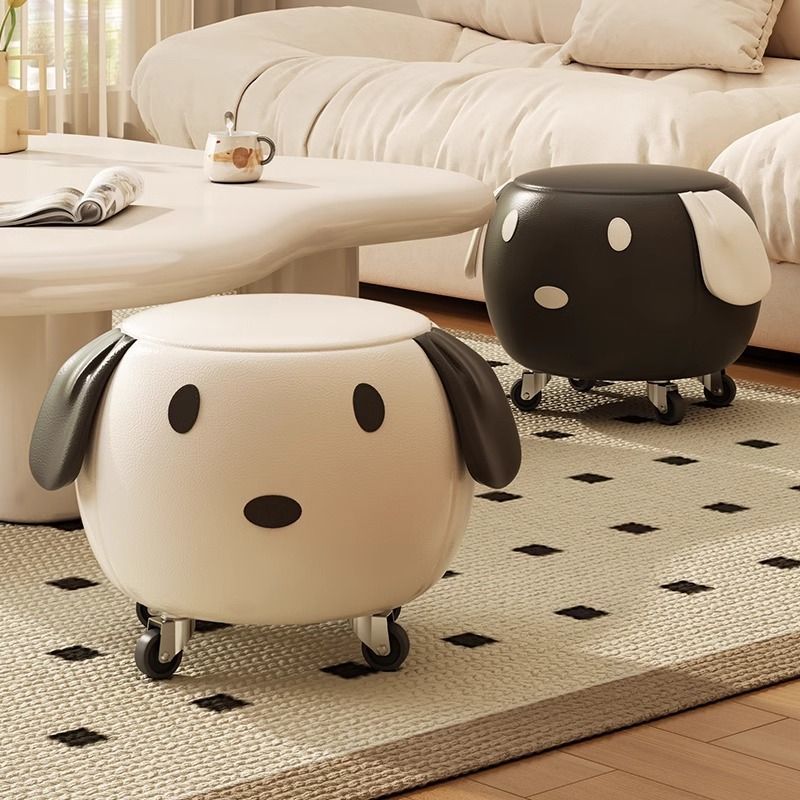 Lumendat Contemporary Creative Oil Wax Leather Solid Wood Stainless Steel Dog-Shaped Round Movable Low Stool For Living Room Lumendat