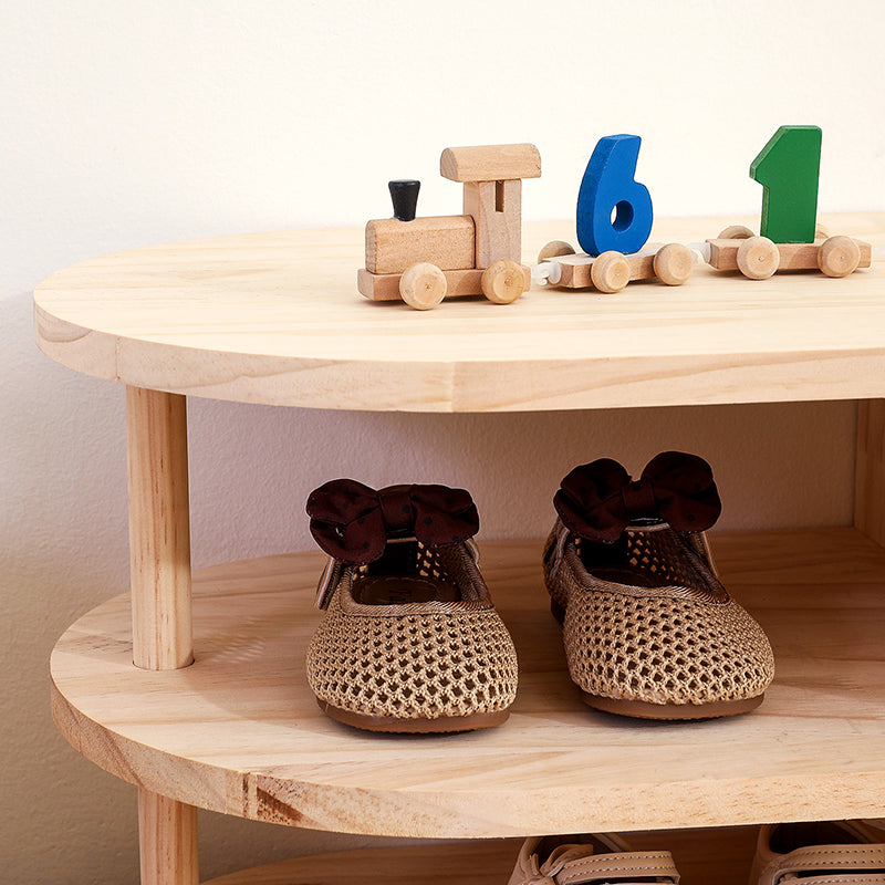 Lumendat Traditional Japanese Pine Wood Curved Square Kids Shoe Rack With 2-Tier For Living Room Lumendat