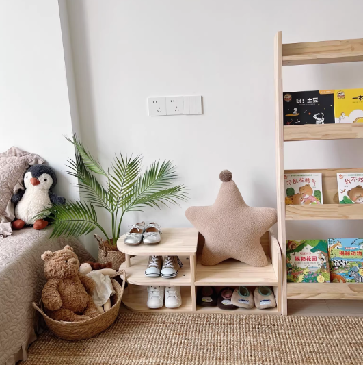 Lumendat Traditional Japanese Pine Wood Curved Square Kids Shoe Rack With 2-Tier For Living Room Lumendat