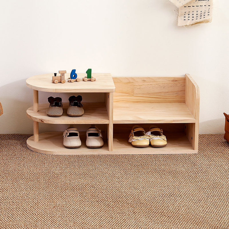 Lumendat Traditional Japanese Pine Wood Curved Square Kids Shoe Rack With 2-Tier For Living Room Lumendat
