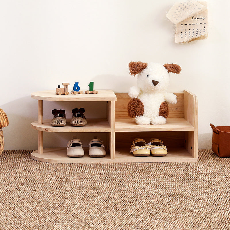 Lumendat Traditional Japanese Pine Wood Curved Square Kids Shoe Rack With 2-Tier For Living Room Lumendat