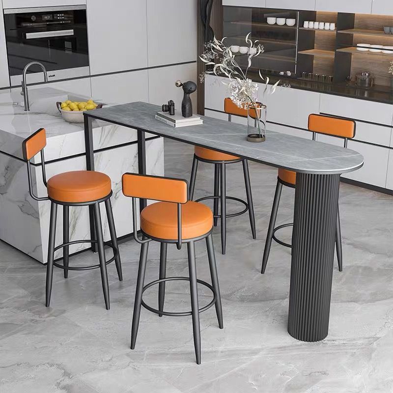 Contemporary Nordic Round PU Leather Microfiber Leather Genuine Leather Better Material Genuine Leather Upholstered Iron Bar Stool Backrest Footrest For Dining Room DFM-F