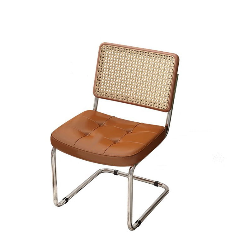 Traditional Vintage Arc Stainless Steel Leather Sponge Plastic Rattan Weaving Dining Chair Backrest Armless For Dining Room Lumendat