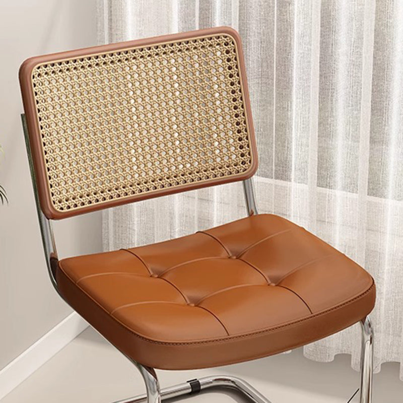 Traditional Vintage Arc Stainless Steel Leather Sponge Plastic Rattan Weaving Dining Chair Backrest Armless For Dining Room Lumendat