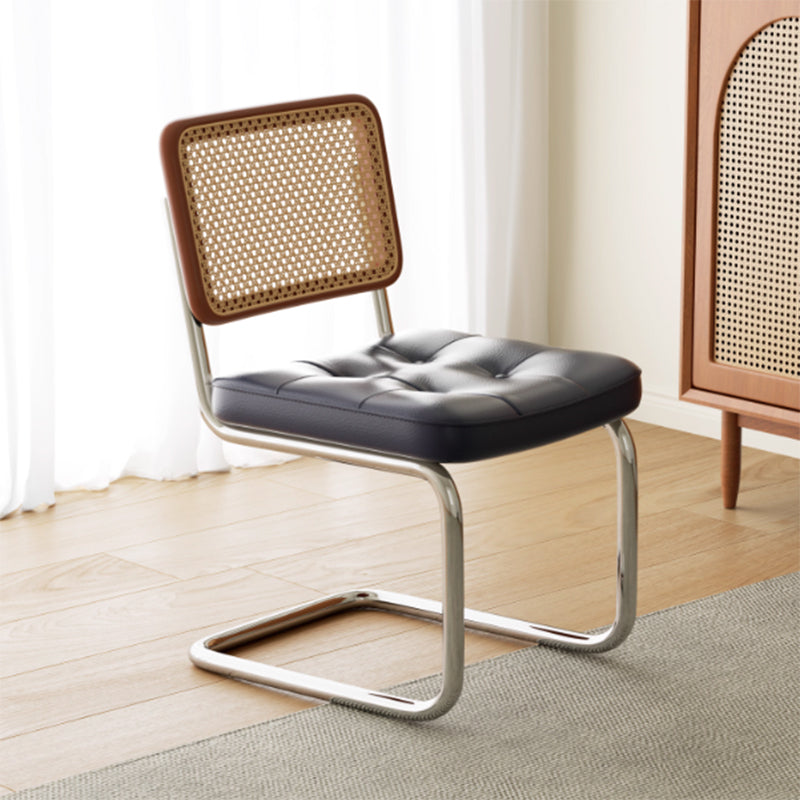 Traditional Vintage Arc Stainless Steel Leather Sponge Plastic Rattan Weaving Dining Chair Backrest Armless For Dining Room Lumendat