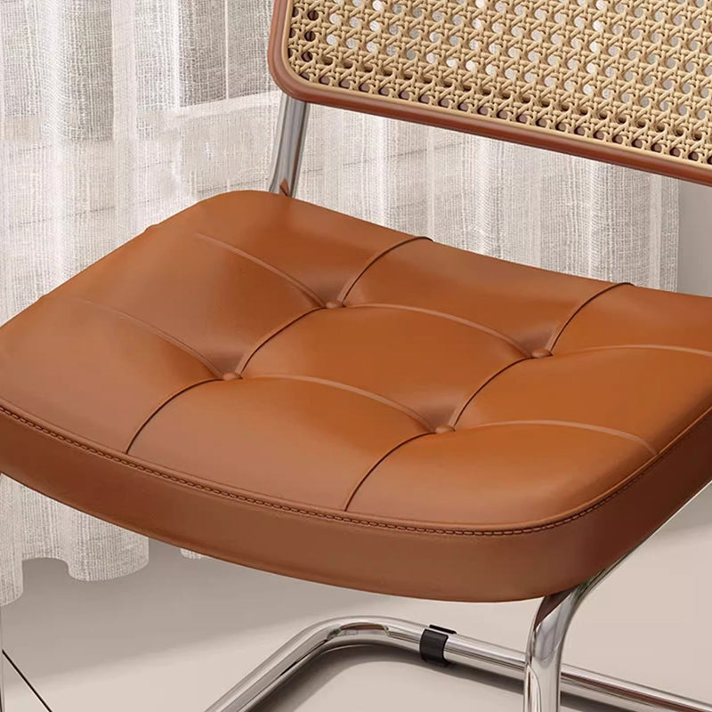 Traditional Vintage Arc Stainless Steel Leather Sponge Plastic Rattan Weaving Dining Chair Backrest Armless For Dining Room Lumendat