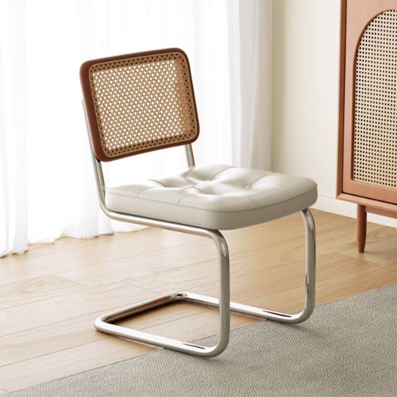 Traditional Vintage Arc Stainless Steel Leather Sponge Plastic Rattan Weaving Dining Chair Backrest Armless For Dining Room Lumendat