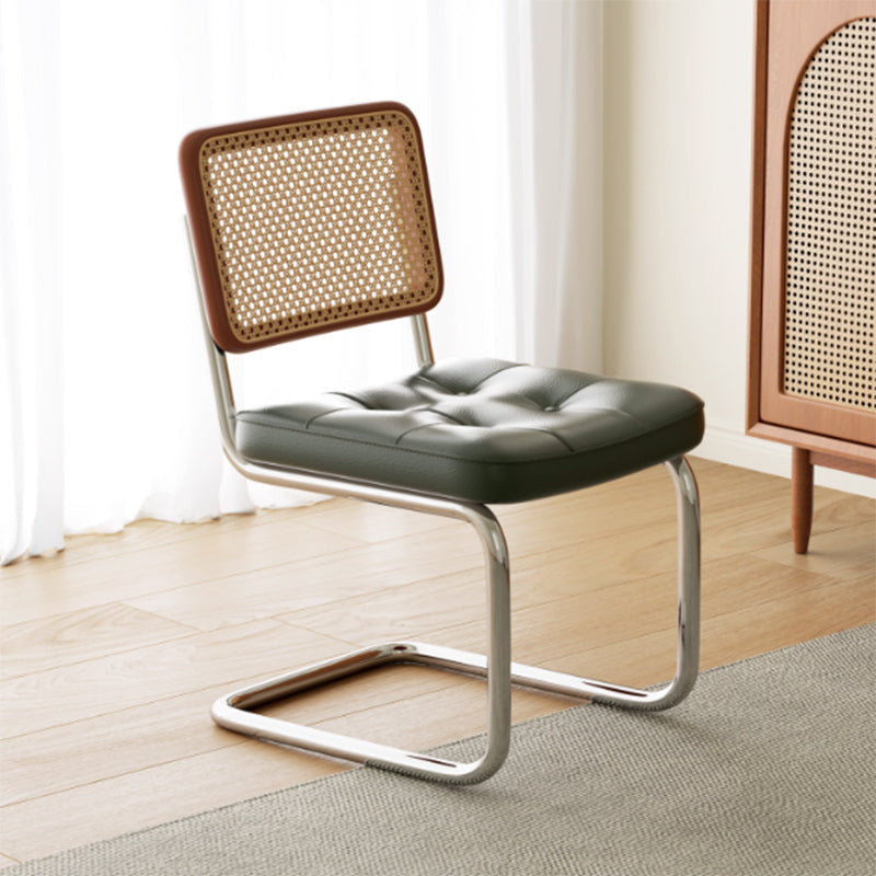 Traditional Vintage Arc Stainless Steel Leather Sponge Plastic Rattan Weaving Dining Chair Backrest Armless For Dining Room Lumendat