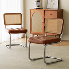 Traditional Vintage Arc Stainless Steel Leather Sponge Plastic Rattan Weaving Dining Chair Backrest Armless For Dining Room Lumendat
