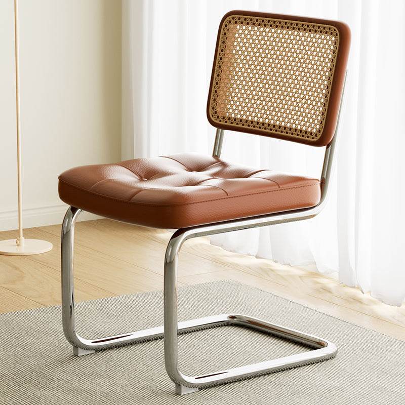 Traditional Vintage Arc Stainless Steel Leather Sponge Plastic Rattan Weaving Dining Chair Backrest Armless For Dining Room Lumendat
