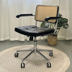 Contemporary Retro Weaving Rattan PU Leather Steel Alloy Liftable Square Desk Chair Backrest For Home Office DFM-F