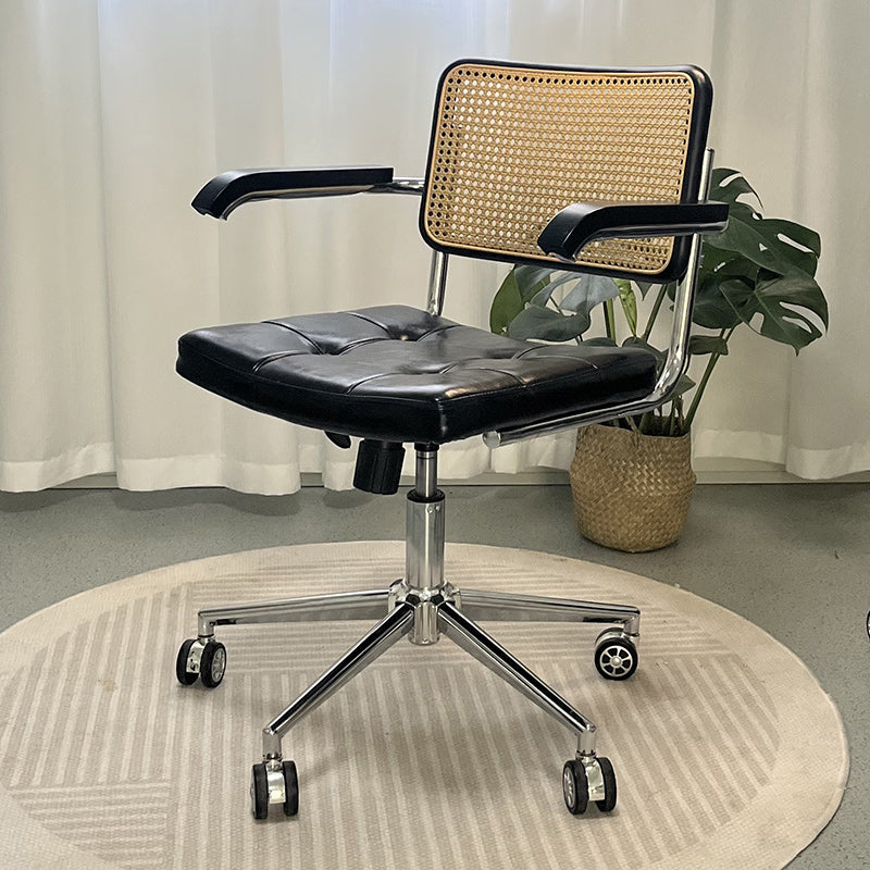 Contemporary Retro Weaving Rattan PU Leather Steel Alloy Liftable Square Desk Chair Backrest For Home Office DFM-F