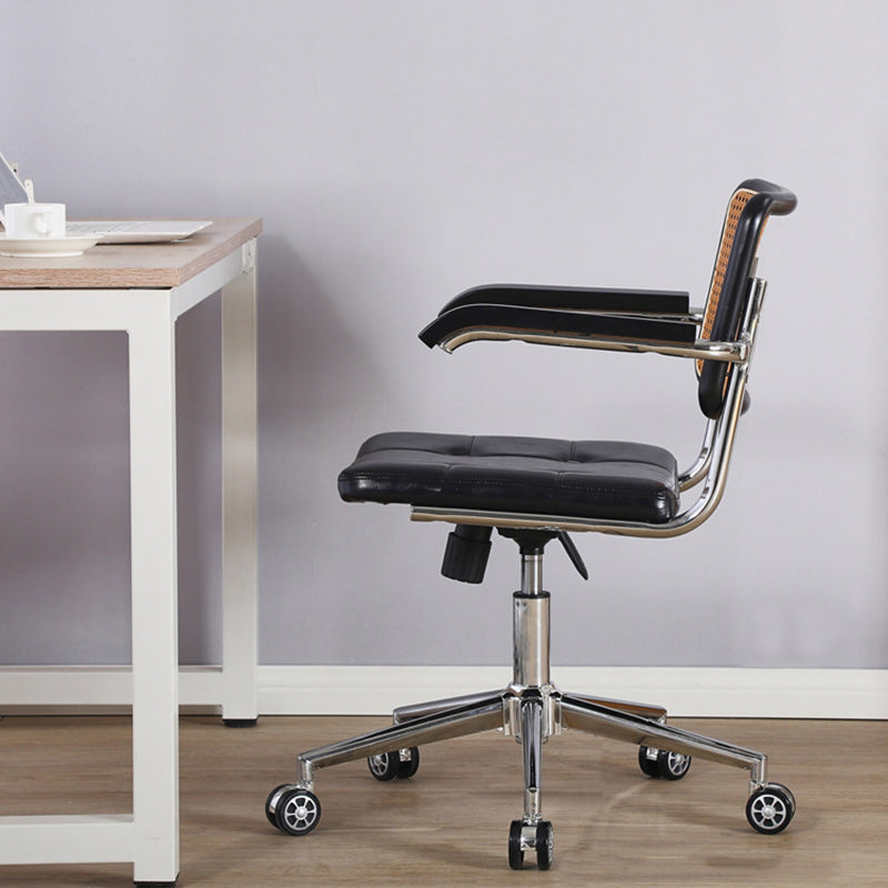 Contemporary Retro Weaving Rattan PU Leather Steel Alloy Liftable Square Desk Chair Backrest For Home Office DFM-F