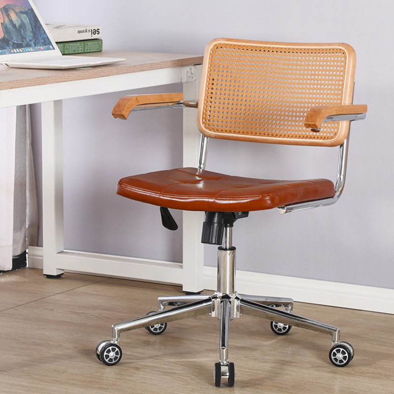 Contemporary Retro Weaving Rattan PU Leather Steel Alloy Liftable Square Desk Chair Backrest For Home Office DFM-F