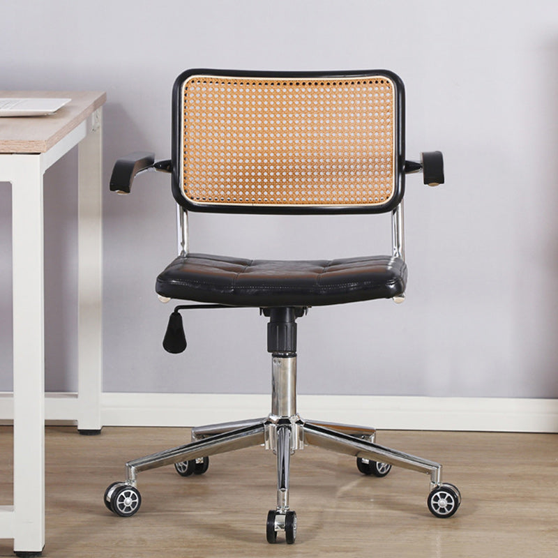 Contemporary Retro Weaving Rattan PU Leather Steel Alloy Liftable Square Desk Chair Backrest For Home Office DFM-F