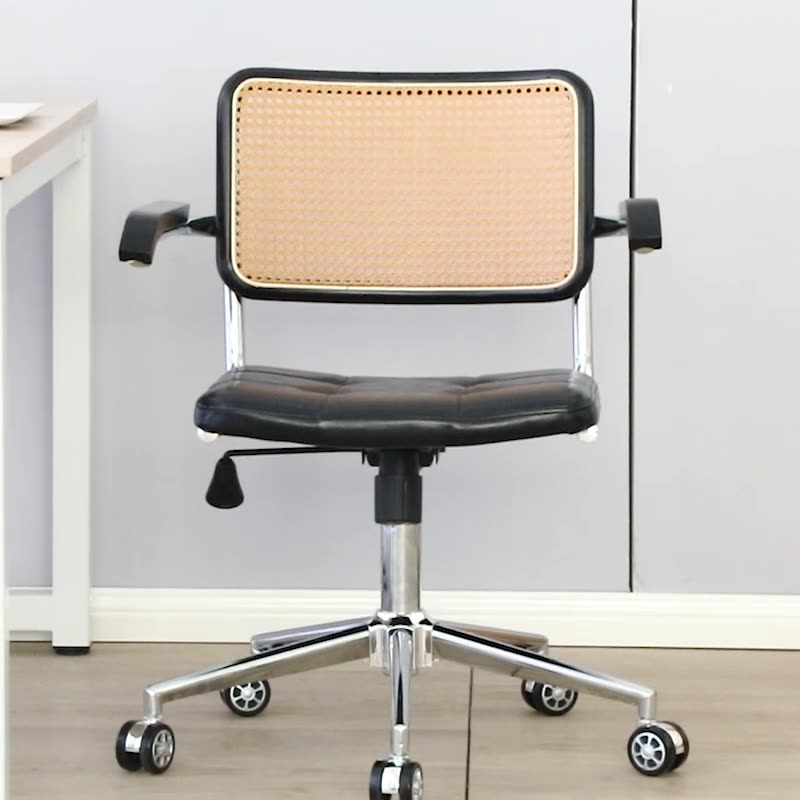 Contemporary Retro Weaving Rattan PU Leather Steel Alloy Liftable Square Desk Chair Backrest For Home Office DFM-F