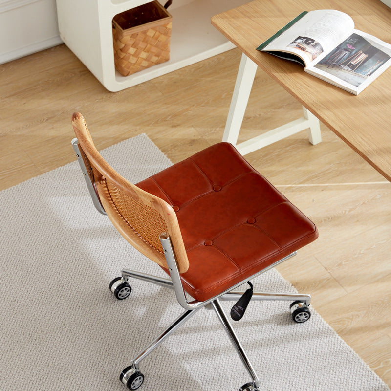 Contemporary Retro Weaving Rattan PU Leather Steel Alloy Liftable Square Desk Chair Backrest For Home Office