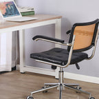 Contemporary Retro Weaving Rattan PU Leather Steel Alloy Liftable Square Desk Chair Backrest For Home Office DFM-F