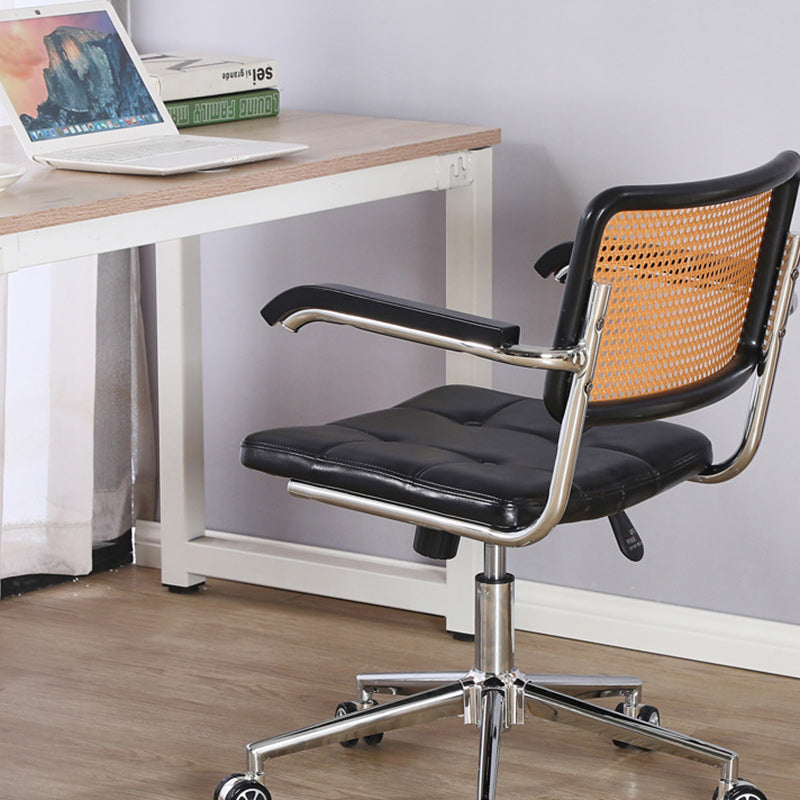 Contemporary Retro Weaving Rattan PU Leather Steel Alloy Liftable Square Desk Chair Backrest For Home Office DFM-F