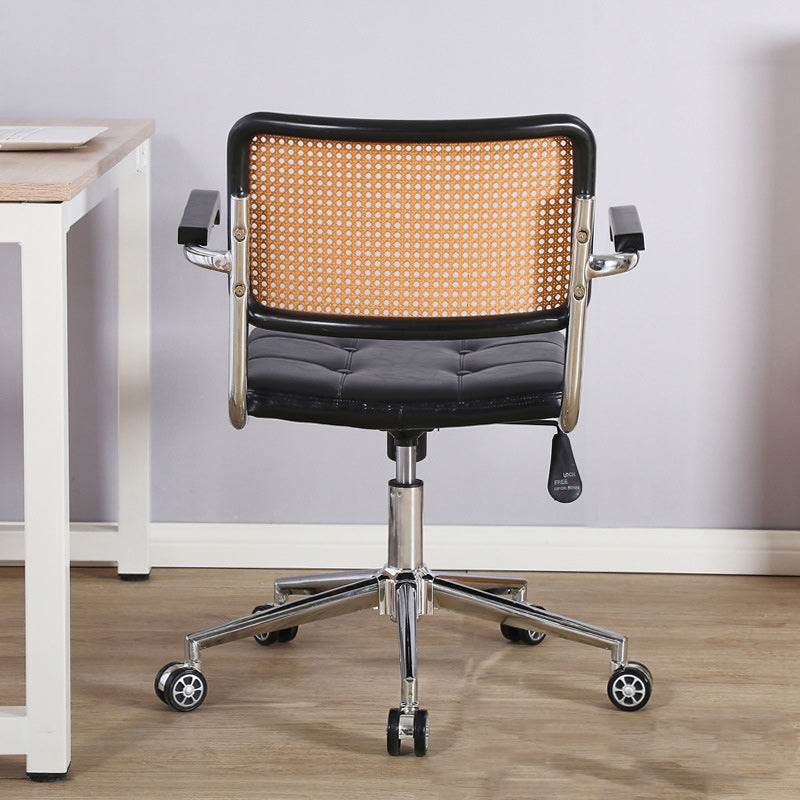Contemporary Retro Weaving Rattan PU Leather Steel Alloy Liftable Square Desk Chair Backrest For Home Office