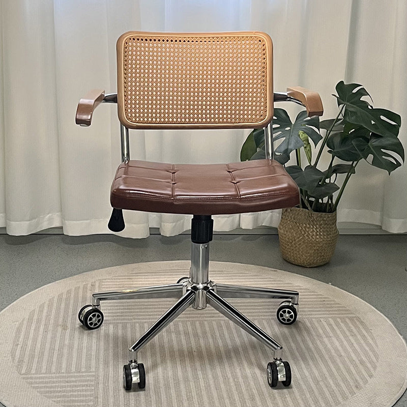 Contemporary Retro Weaving Rattan PU Leather Steel Alloy Liftable Square Desk Chair Backrest For Home Office